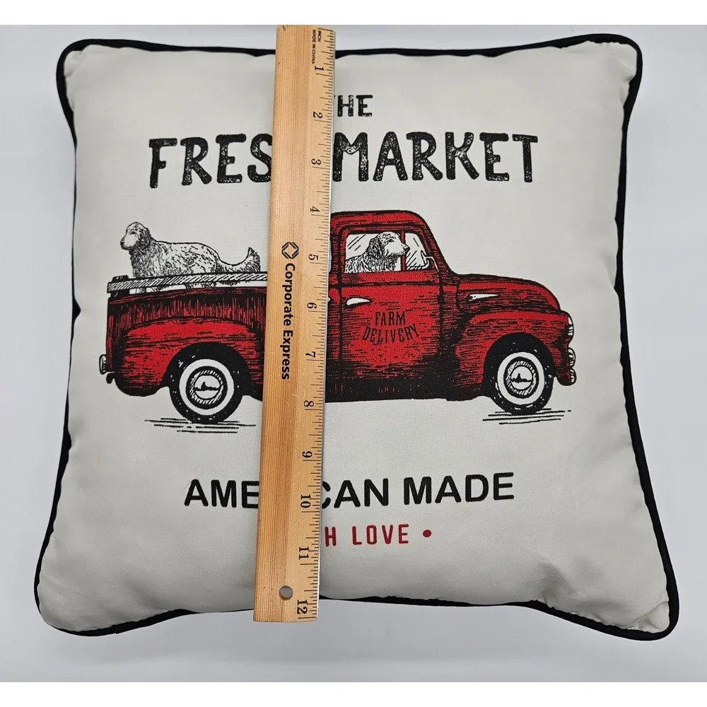 The Fresh Market Vintage‎ Red Truck Dog Farmhouse Throw Pillow 12x12 Reversible